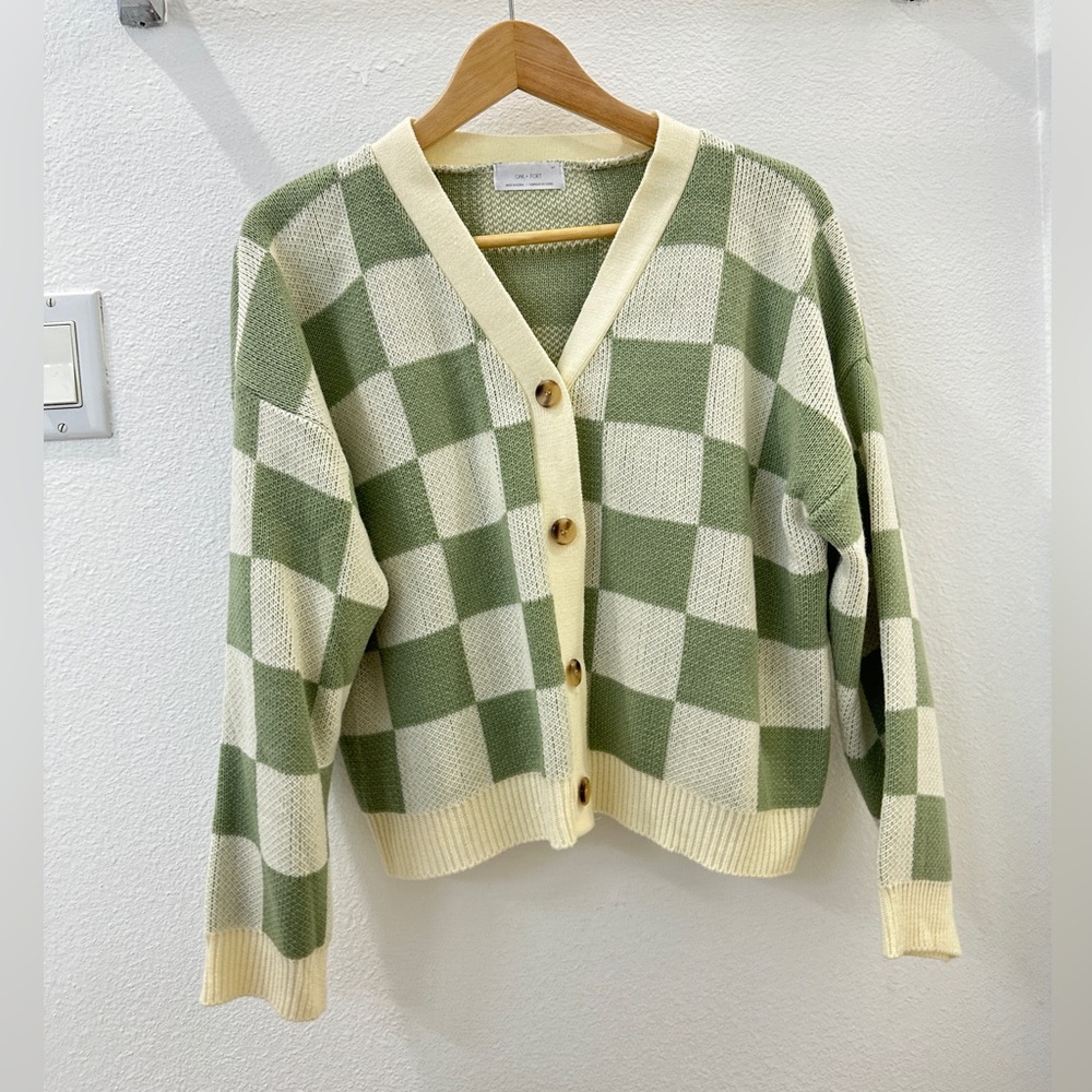 OAK + FORT Green/Cream Checker Cardigan